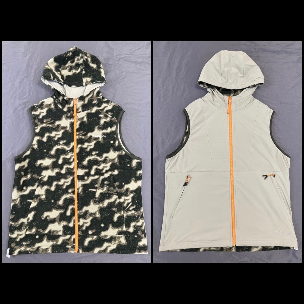 Columbia Reversible Hooded Vest Mens Medium Grey Camo Fleece Omni-Shield AE3331